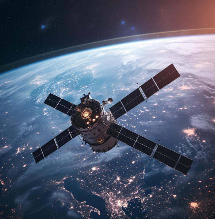 Satélite em órbita na Terra com painéis solares abertos, mostrando as luzes das cidades à noite no planeta ao fundo.