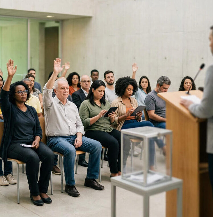 Fotografia de um grupo diverso de pessoas sentadas em cadeiras durante uma assembleia. À direita, um palestrante fala ao microfone em um púlpito de madeira. Na plateia, várias pessoas, incluindo uma mulher negra e um homem idoso na primeira fileira, estão com as mãos levantadas. Duas mulheres ao lado deles consultam tablets. Em primeiro plano, levemente desfocada, há uma urna de acrílico transparente.