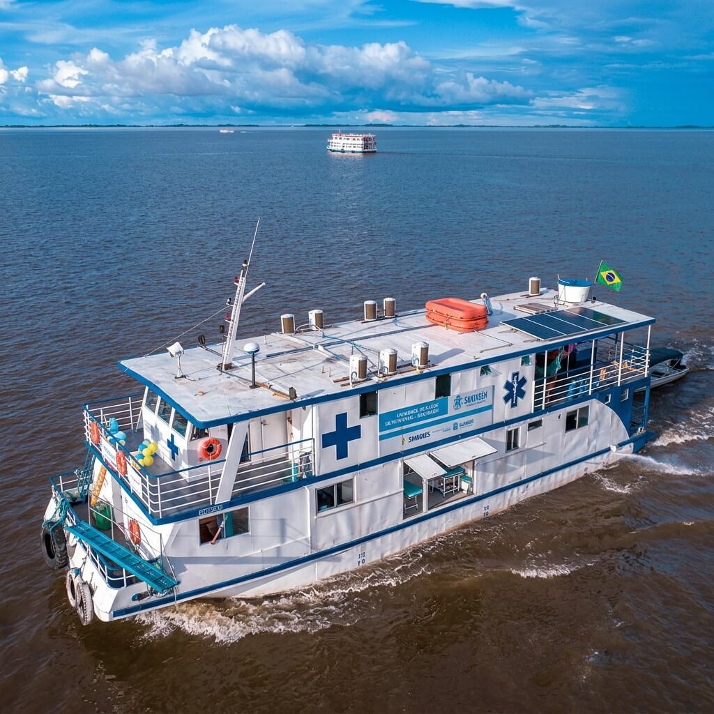 Fotografia aérea de um barco hospitalar branco e azul navegando em um rio largo sob céu claro. A embarcação possui grandes cruzes azuis na lateral, painéis solares no telhado e uma bandeira do Brasil hasteada na parte traseira.
